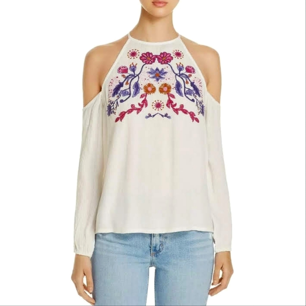 JACHS Girlfriend White Cold Shoulder Embroidered Flowy Peasant Top Shirt Blouse